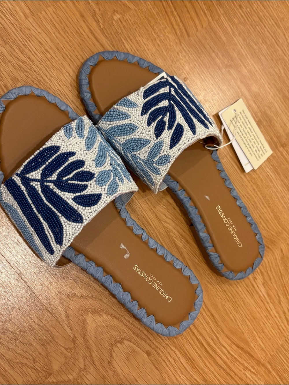 Caroline Constas Navy and Light Blue Beaded Slide Sandals